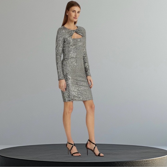🥂Lauren Ralph Lauren New Sequined Twist Front Dress Silver and Grey Size 4 - Picture 16 of 16
